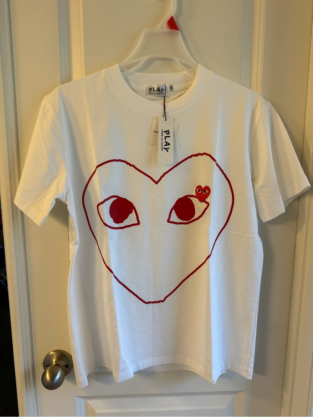 Comme des Garcons White Short-Sleeve Tee with Red Heart-Eye Graphic